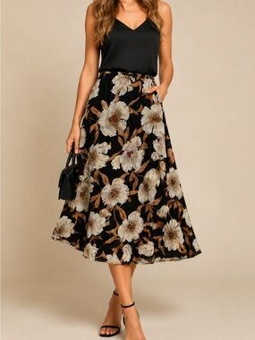 Band of Free Floral A-Line Midi Skirt Black Floral size small